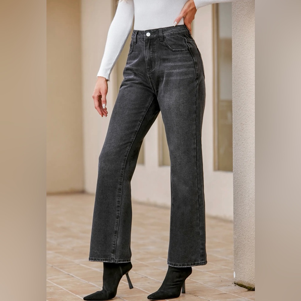 Black High Waist Flare Kick Jeans Large High Rise Wide Pants Whiskered